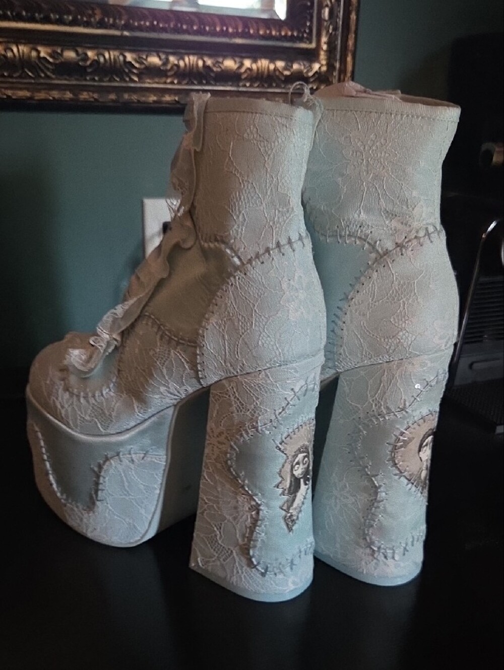 Dolls Kill CORPSE BRIDE Powder Blue Lace-Up Platform Ankle Boots - Picture 3 of 5